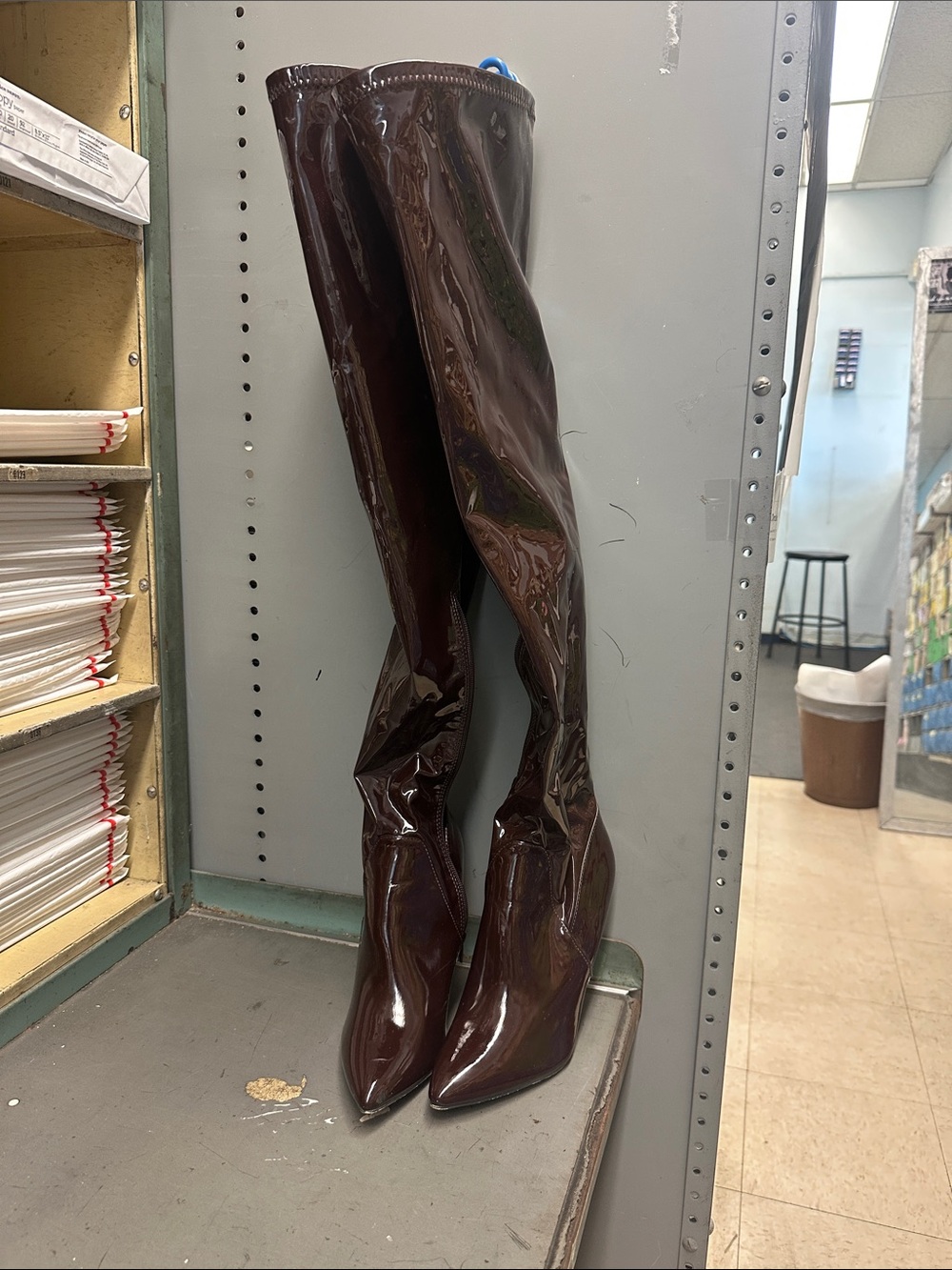 Anne Michelle Shiny Over-the-Knee Pointed Toe Boots in Dark Brown